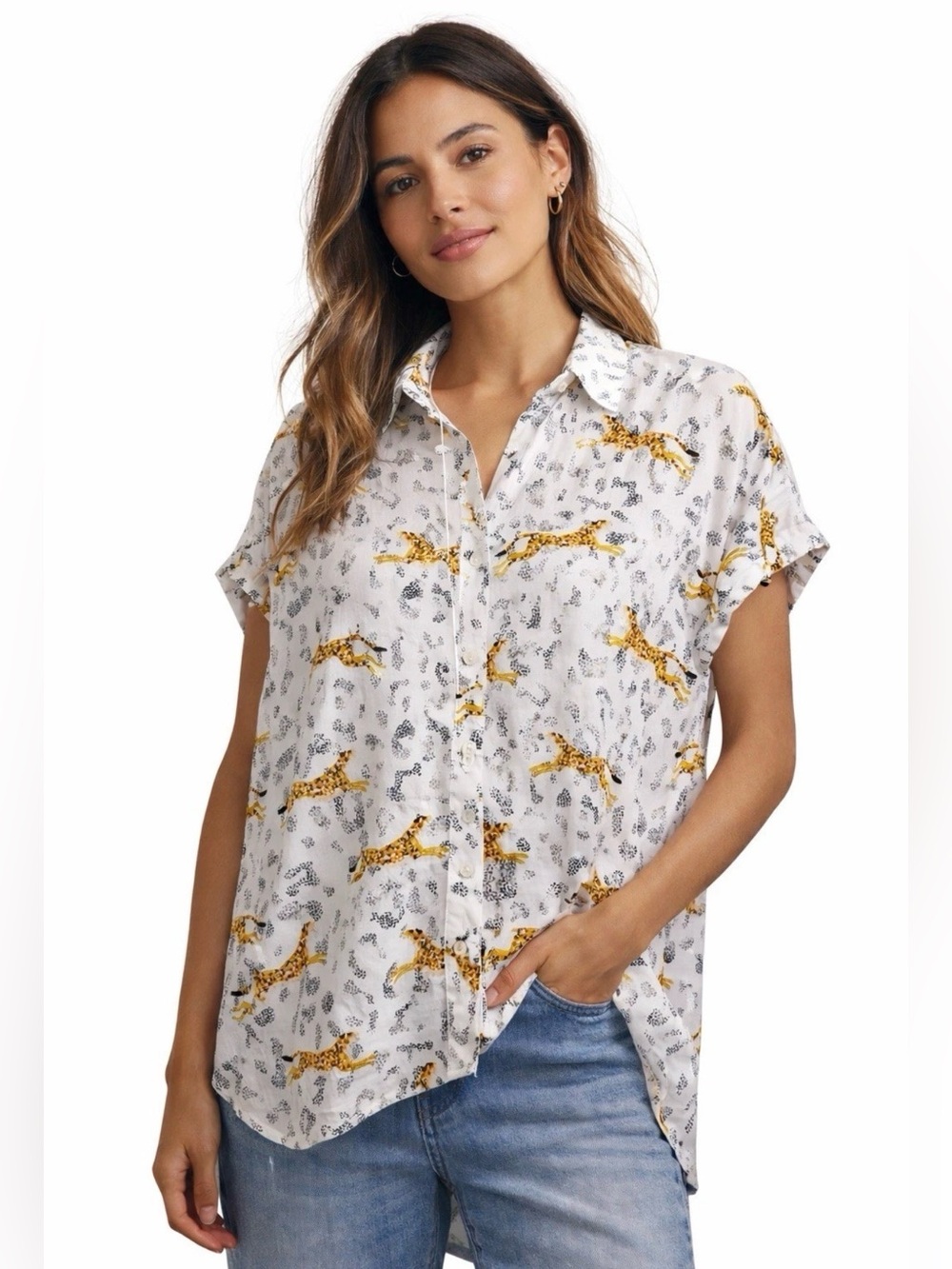 JANE + DELANCEY Short Sleeve High Low Hem Blouse Cheetah Print Flowy Women’s L